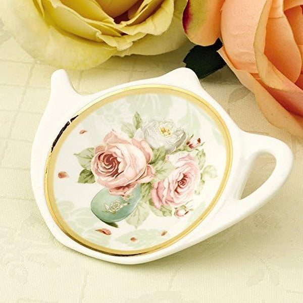 White Porcelain Ceramic with Flower Trim Gold Rim Teapot-Shaped Tea Bag Holder Tea Bag Coasters, Spoon Rests; Classic Tea Saucer Seasoning Dish Set