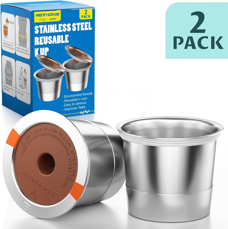 RETHONE K Cup Reusable Coffee Pods, Universal Stainless Steel Reusable K Cups Compatible with Keurig 1.0 & 2.0 Coffee Machines Brewers Refillable K Cups (2 Pack)