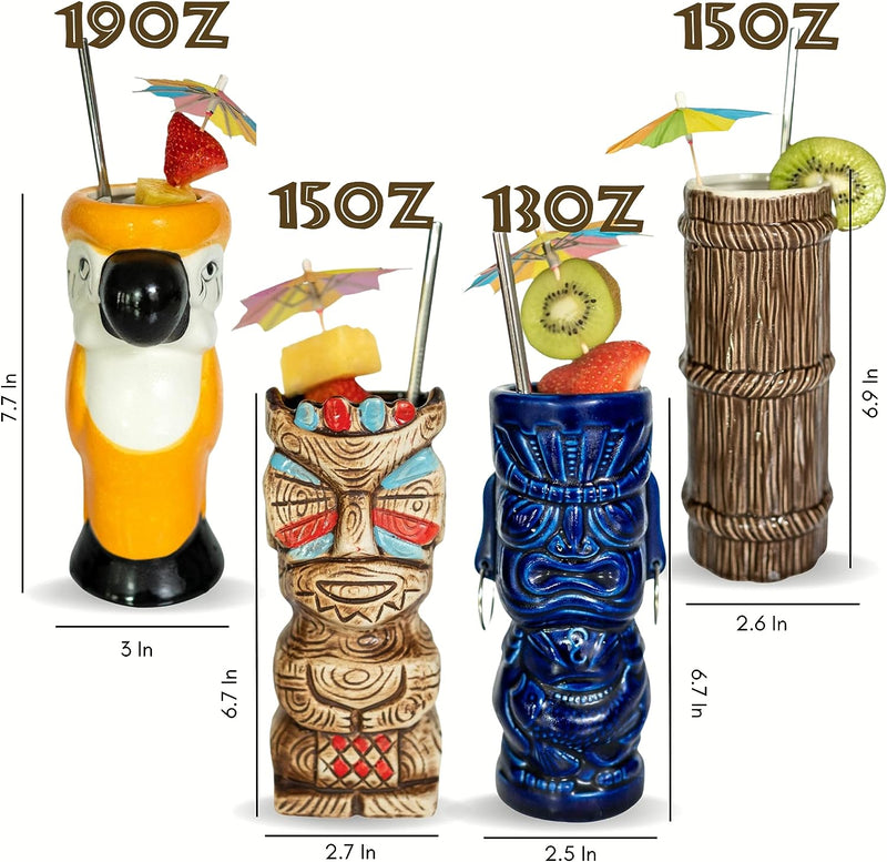 Set of 4 Tiki Mugs, Barware Tool Set Includes Cocktail Shaker, Jigger, Howthorne Strainer, Mixing Spoon, Drink Umbrellas, 4 Tiki Coasters, 4 Metal Straws