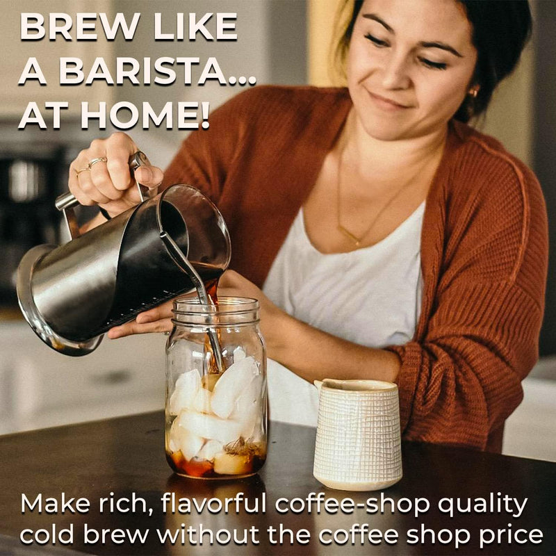 Cafe Du Chateau Brew Perfect Iced Coffee & Tea w/Our Cold Brew Coffee Maker, Pitcher for Fridge (34oz) - Air Tight Seal, Measuring Label - Stainless Steel Iced Coffee Maker Machine