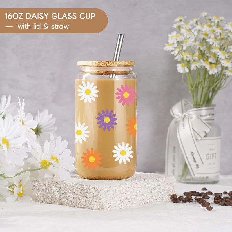 GSPY Daisy Aesthetic Cups, Iced Coffee Cup, Cute Glass Cups with Lids and Straws - Iced Coffee Glasses, Flower Mug Glass Cup, Glass Tumbler - Birthday, Christmas Gifts for Women, Coffee Lovers