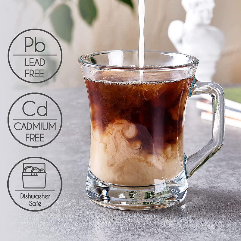 Glass Coffee Mugs for Hot Beverages with Handle, 7 ½ Ounce Hot or Cold Drinks, Glass Tea Cup, Turkish Tea Glasses, Set of 6,