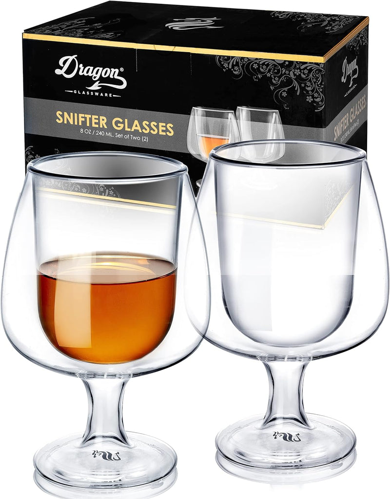 Dragon Glassware Whiskey Glasses, Clear Glass Double Wall Insulated Bourbon Barware, Unique Snifter Drinkware Gift for Men, 8oz Capacity, Set of 2