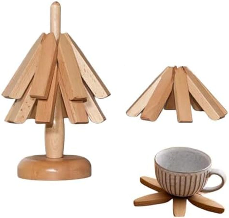 Christmas Coasters Wooden Trivets for Hot Dishes - Christmas Tree Shaped Trivet Mats - Foldable Placemats for Hot Pot/Bowl/Teapot Christmas Table Decoration (Walnut)