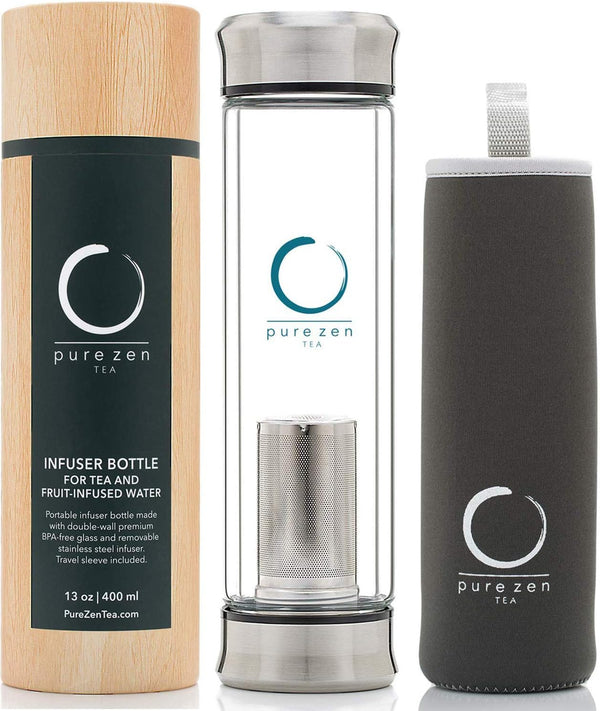 Pure Zen Tea Tumbler with Infuser - Double Wall Glass Travel Tea Mug with Stainless Steel Filter - Leakproof Tea Infuser Bottle with Strainer for Loose Leaf Tea and Fruit Water 13 Ounce