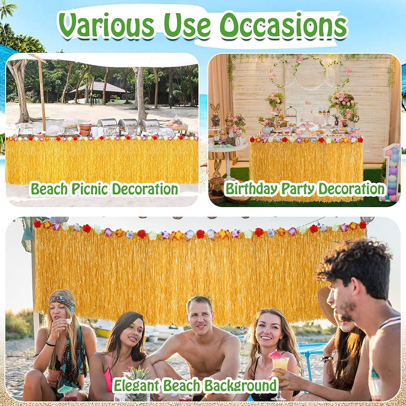 Luau Grass Table Skirt 9 Ft x 30 Inch Grass Skirt Yellow Hawaiian Table Skirt Faux Hibiscus Flowers Hula Skirts Tropical Hawaiian Party Decorations for Luau Party, Events Birthday Party(8 Packs)
