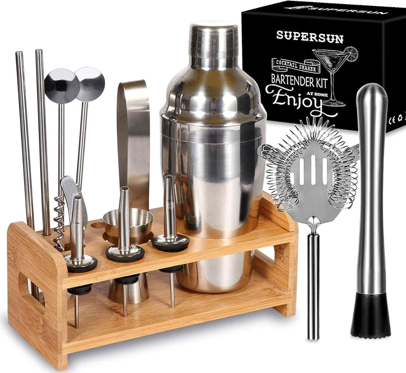 Cocktail Shaker Set with Stand, 15 Piece Bartender Kit Home Bar Accessories - Martini Shaker with Built-in Strainer, Muddler, Jigger, Drink Shaker 304 Stainless Steel, House Warming Gitfs New Home