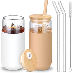 20 OZ Glass Cups with Bamboo Lids and Straws - Beer Can Shaped Drinking Glasses with Silicone Protective Sleeve Set for Iced Coffee, Water, Smoothie, Boba Tea, Gift, 2 Colors