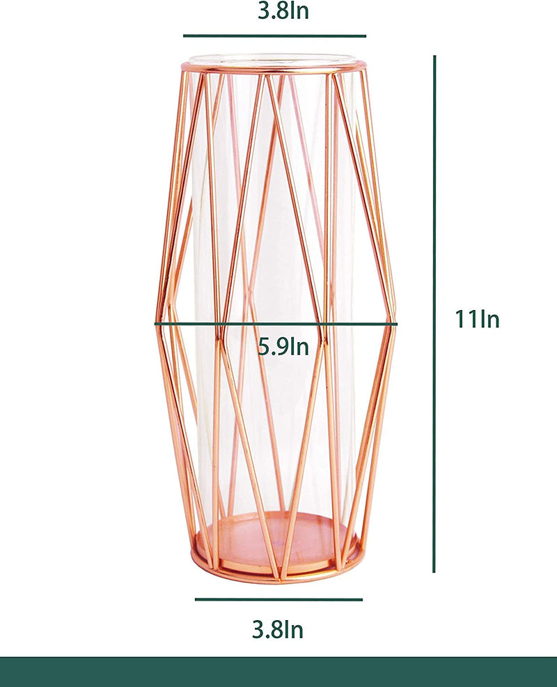 Rose Gold Glass Vase with Geometric Stand - 11 Inch Tall for Wedding or Home Decor