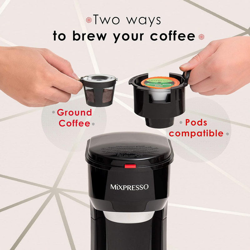 Mixpresso 2 in 1 Coffee Brewer, Single Serve Coffee Maker K Cup Compatible & Ground Coffee, Personal Coffee Maker Compact Mini Coffee Maker, Quick Brew Technology 14 oz Black Coffee Maker