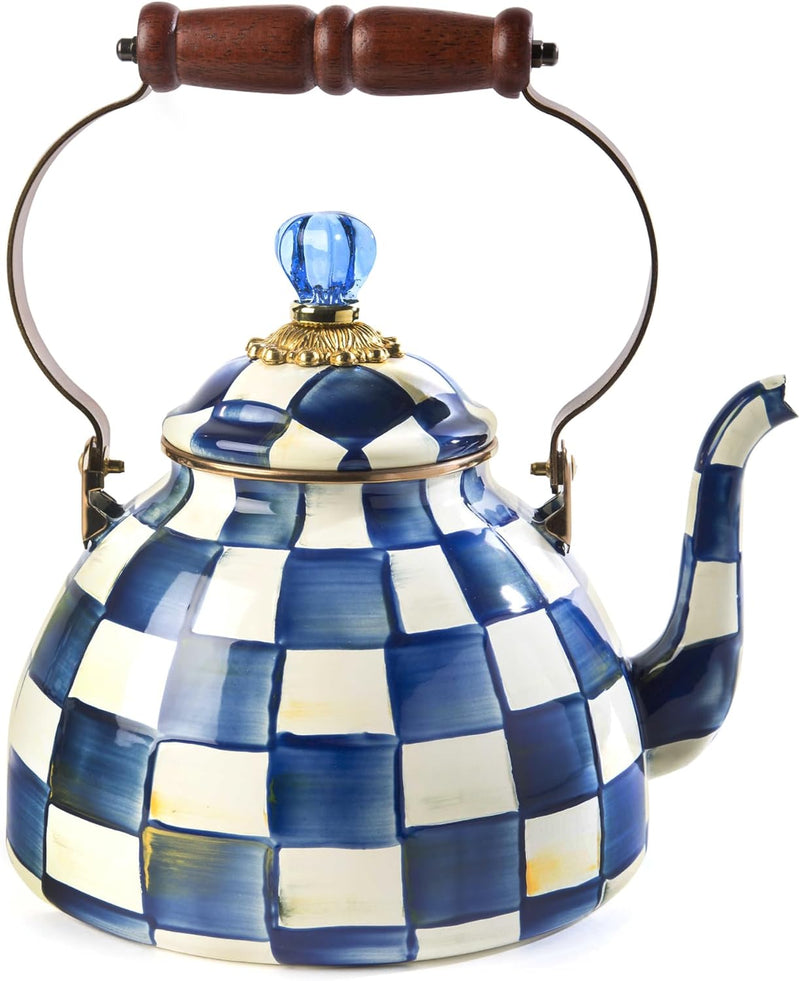 MacKenzie-Childs Sterling Check Enamel Tea Kettle, Decorative Tea Kettle, 2-Quart Capacity