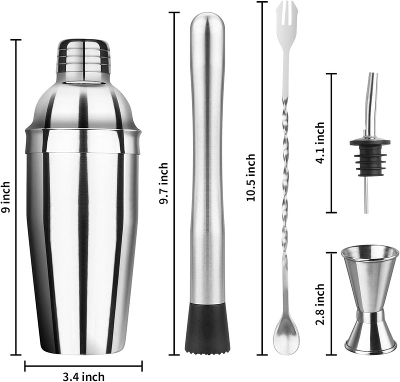 Ohtomber Cocktail Shaker Bartender Kit - 5PCS Cocktail Martini Shaker with Strainer, Muddler for Cocktails, Bar Spoon, Measuring Jigger for Bartending and Liquor Bottle Pourers, Drink Mixer Bar Tools