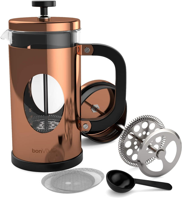 bonVIVO GAZETARO I Large French Press Coffee Maker - Glass French Coffee Press Machine Made of Heat Resistant Stainless Steel and Borosilicate Glass in Copper Finish, With Filter, 34 ounces…