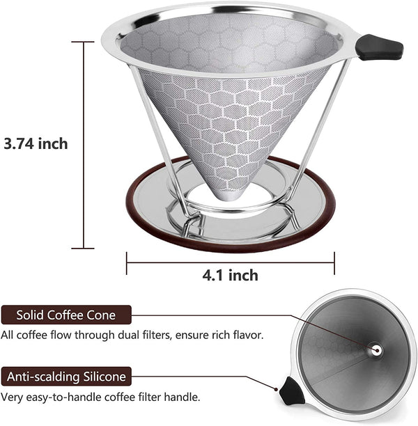 Pour Over Coffee Maker, Stainless Steel Reusable Coffee Filter, Paperless Manual Coffee Cone Filter, Pour Over Coffee Dripper for (1-4 Cup), Fine Mesh Coffee Strainer with Stand and Bonus Brush