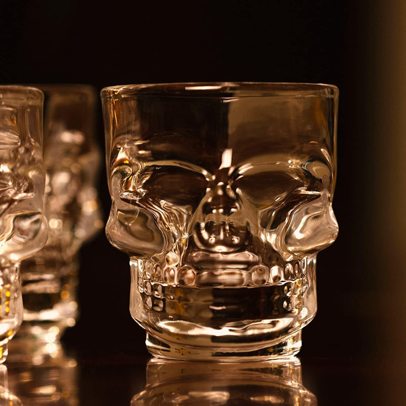 Circleware Skull Face Heavy Base Whiskey Shot Glasses, Set of 6, Party Home and Entertainment Dining Beverage Drinking Glassware for Brandy, Liquor, Bar Decor, Jello Cups, 1.75 oz, Clear