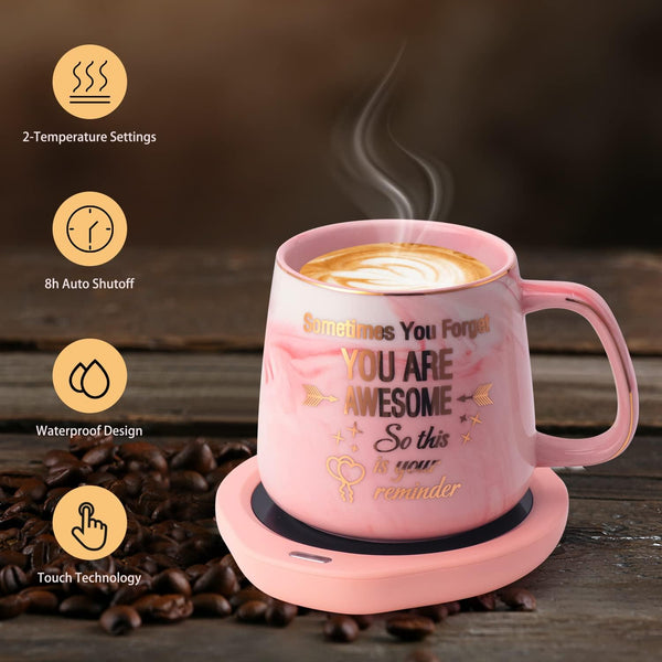 Coffee Mug Warmer & You are Awesome Mug Set, Electric Cup Warmer for Desk Office Home, Beverage Warmer with 2 Temperature Setting, 8-Hours Auto Shut Off, Best Birthday Gift Ideas for Women