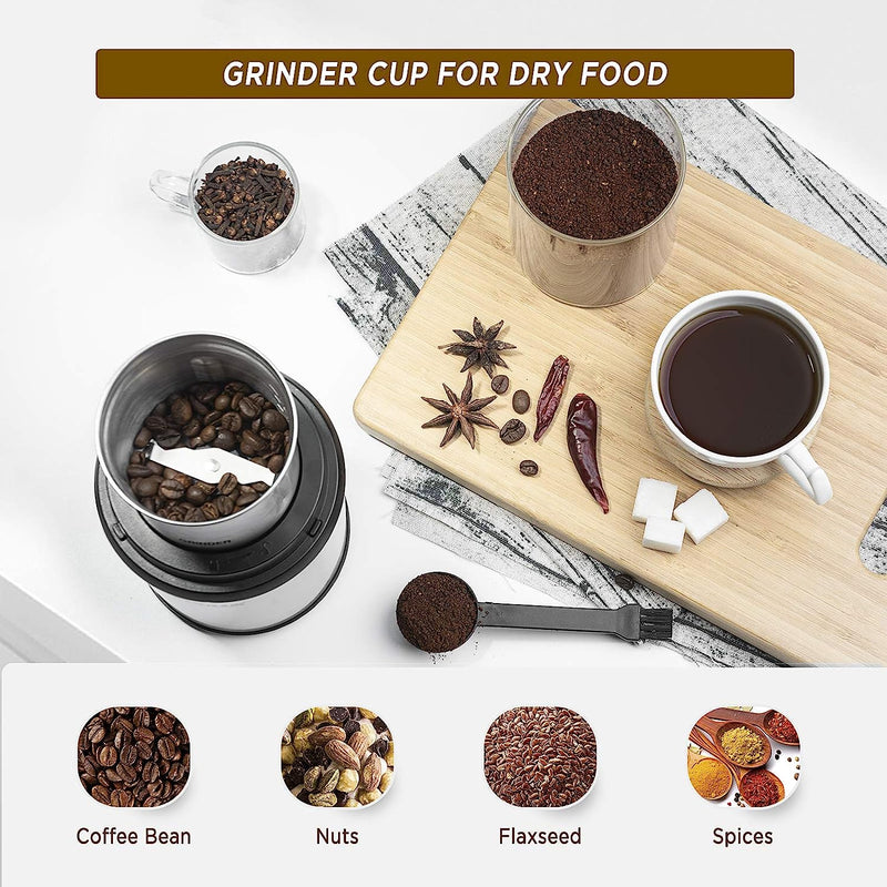 CHULUX Coffee Grinder Electric,Built-In Sharp Blade Spice Grinder with 2 Detachable Stainless Steel Bowls for Coffee, Spices, Herbs, Nuts, Grains,Lid Actived Safety Switch