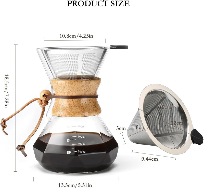 Lalord Pour Over Coffee Maker with Stainless Steel Filter, 20 oz Borosilicate Glass Coffee Carafe, Wooden Collar, Coffee Maker Carafe, Hold 3-4 Cups, 600 ml, Clear