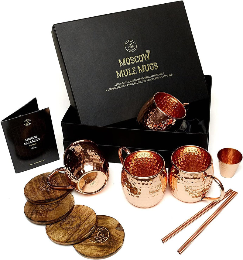 Moscow Mule Copper Mugs Set - 4 Authentic Handcrafted Copper Mugs (16 oz.) with 2 oz. Shot Glass, 4 Straws, 4 Solid Wood Coasters and Recipe Book - Gift Box Included