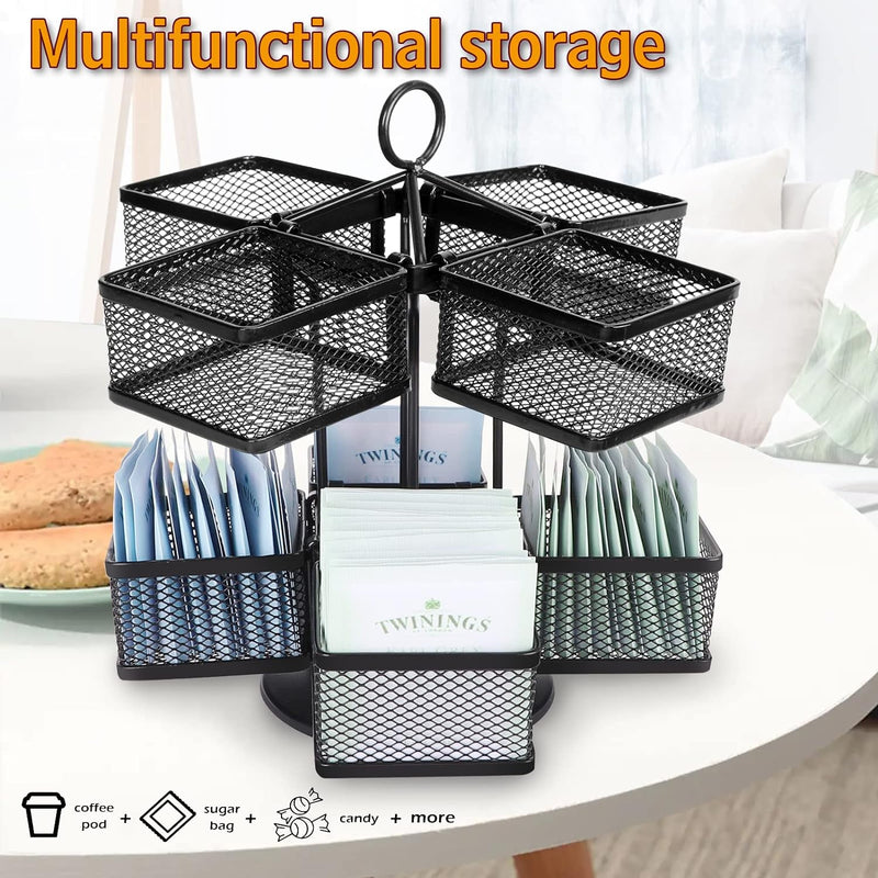 Tea Bag Organizer, Tea Bag Storage Holder Spinning Carousel Basket, Teabags Coffee Candy Organizer Container for Office Kitchen Counter Cabinet Pantry