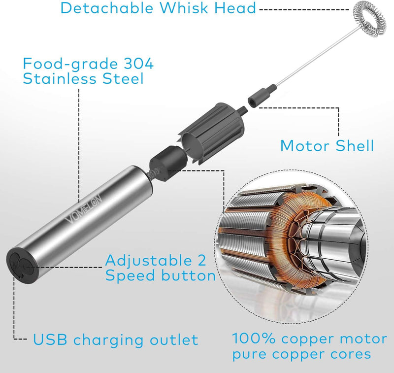 Rechargeable Milk Frother Battery Operated,2-Speed Portable Travel Frother,Electric Milk Foamer Coffee Frother for Latte, Cappuccino, Hot Chocolate Drink Mixer with Double Mini Whisks and USB Cable