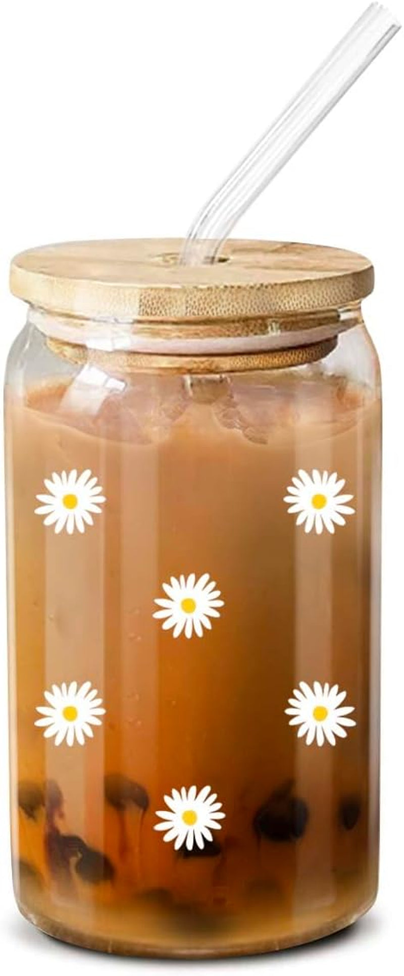 NewEleven Cute Glass Coffee Cups With Lids And Straw – Aesthetic Cups – Iced Coffee Cup, Coffee Tumbler, Glass Tumbler – Christmas Gifts For Women, Coffee Lover - 16 Oz Coffee Glass