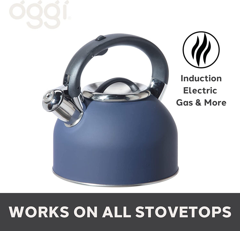 OGGI Tea Kettle for Stove Top - 64oz / 1.9lt, Stainless Steel Kettle with Loud Whistle, Ideal Hot Water Kettle and Water Boiler - Blue