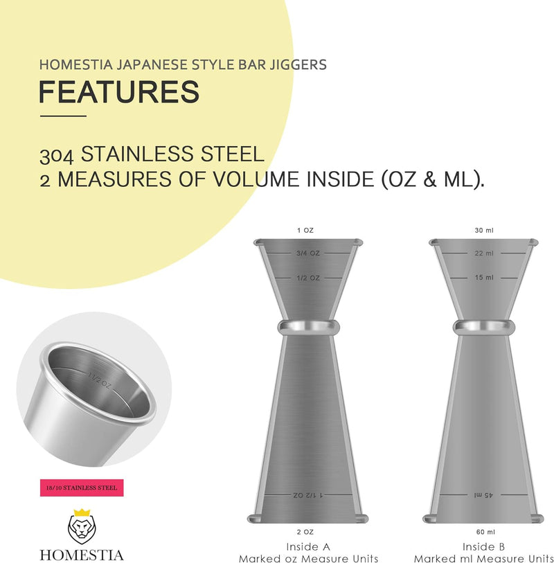 Homestia Double Cocktail Jigger with Measurements Inside(OZ&ML) Stainless Steel Bar Measuring Jigger 2 oz 1 oz Bar Tool Shot Japanese Jigger for Bartending