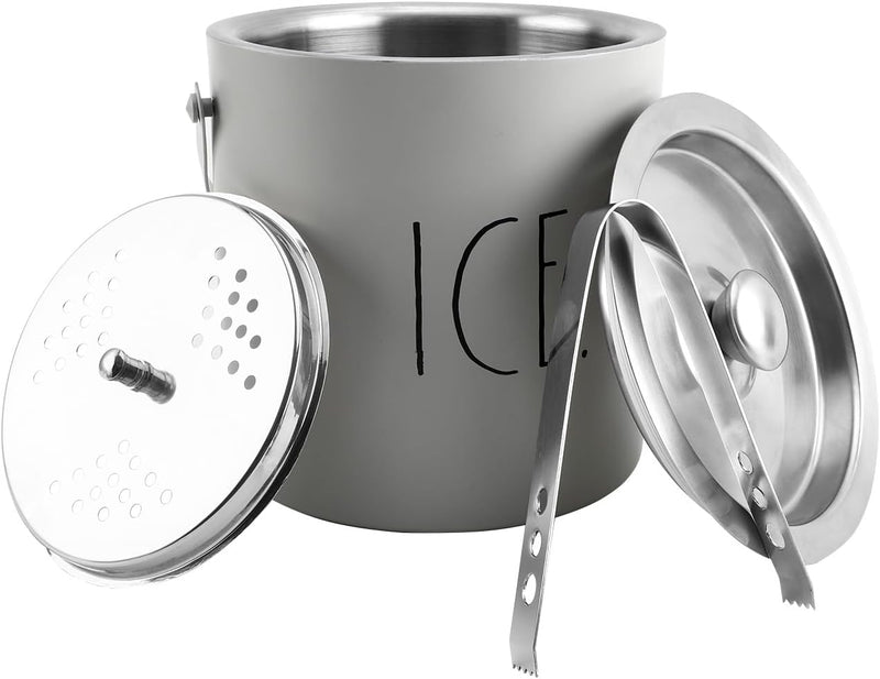 Rae Dunn Ice Bucket with Scoop - Stainless Steel Bucket with Handle, Lid and Tongs with a Water Filter - 3 Qt. Storage Bin for Ice Cubes for Bars, Parties, Backyard Barbeques, Picnics, and Camping