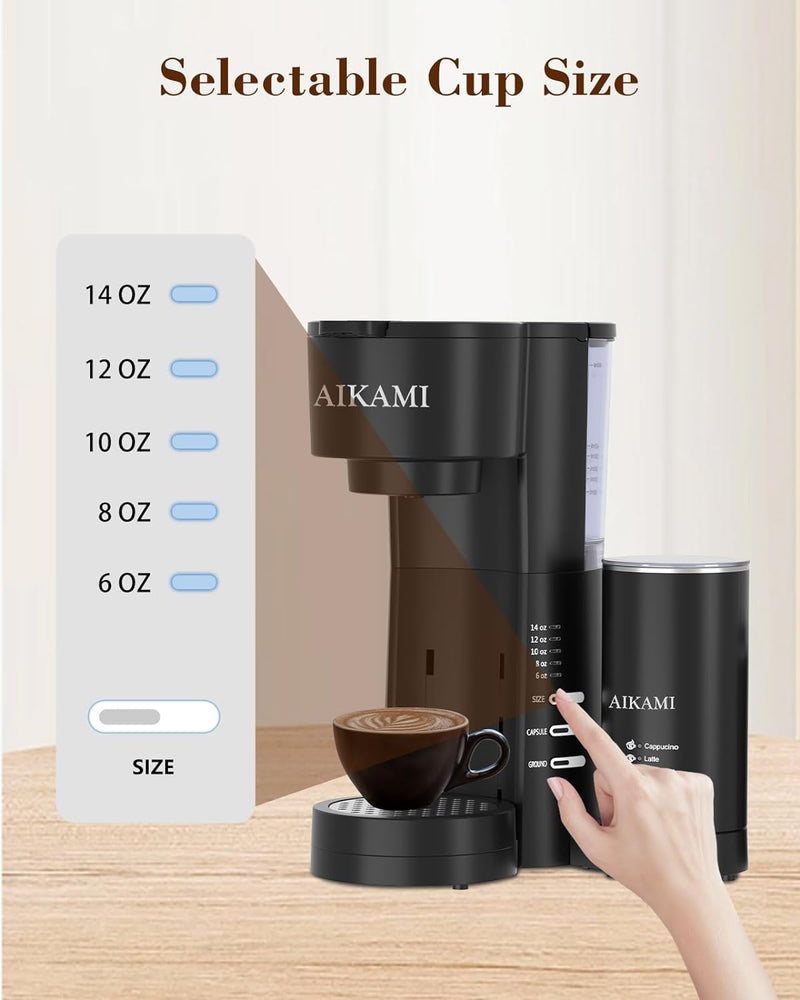 4 IN 1 Mini Coffee Maker Single Serve with Milk Frother and Coffee Grinder, Coffee Makers for K Cup & Ground, 6 to 14 Oz Brew Sizes, Coffee Machine with Water Window and Descaling Reminder, Black