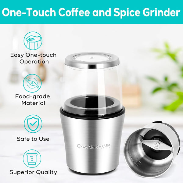 CASABREWS Coffee Grinder Electric, Espresso and Spice Grinder with Removable Stainless Steel Bowl, One Touch Operation Coffee Bean Grinder for Beans, Spices, Herbs, Nuts, Grains and More, Silver