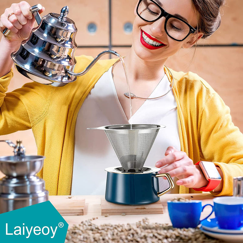 Laiyeoy Pour Over Coffee Dripper, Slow Drip Paperless Coffee Filter, Stainless Steel Pour Over Coffee Maker for Single Cup Brew, Double Mesh Design of Manual Reusable Cone Filter.