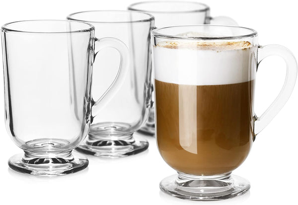 LUXU Irish Glass Coffee Mugs Set of 4,Latte Cups,Clear Coffee Mug 10.5 OZ, Glass Mugs With Handles for Hot Beverages, Clear Mugs for Tea, Cappuccino, Latte,Coffee, Juice,Milk, Hot Chocolate Mugs
