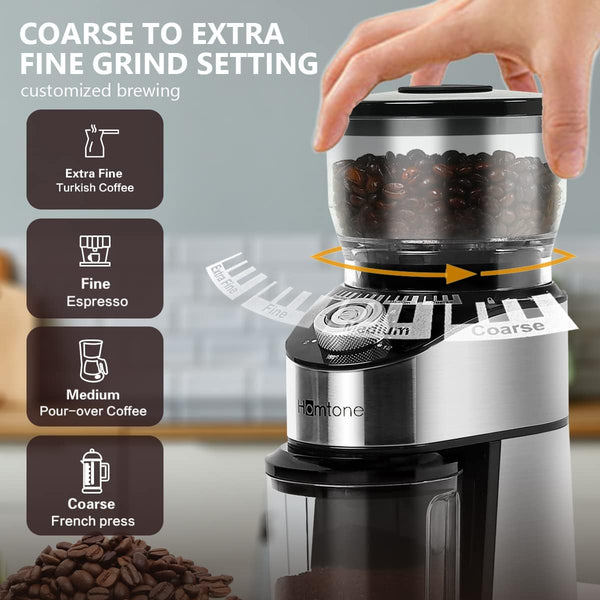 Homtone Electric Coffee Grinder Conical Burr, Adjustable Burr Coffee Grinder with 14 Precise Grind Setting, 12 Cup Coffee Grinder for Espresso, Drip Coffee, French Press (Stainless Steel)