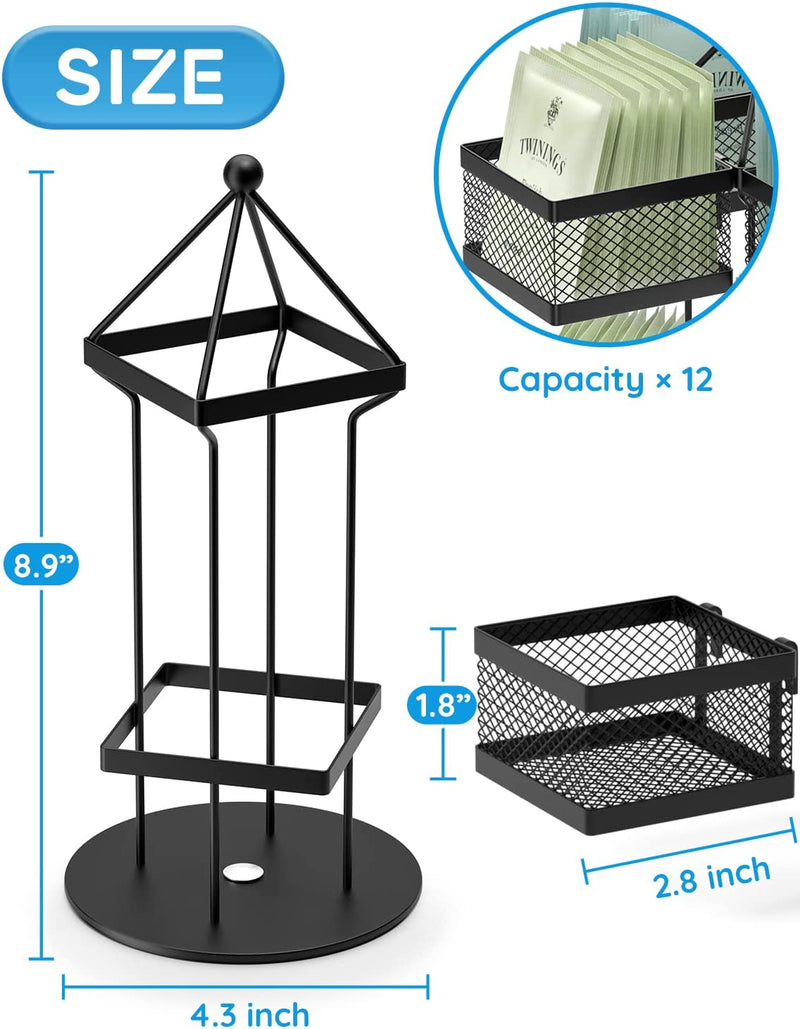 Tea Bag Organizer, Tea Bag Storage Holder Spinning Carousel 96 Teabags Container, Lazy Susan Coffee Creamer Sweetener Tea Caddy for Kitchen Counter Cabinet Pantry Shelf Organizer