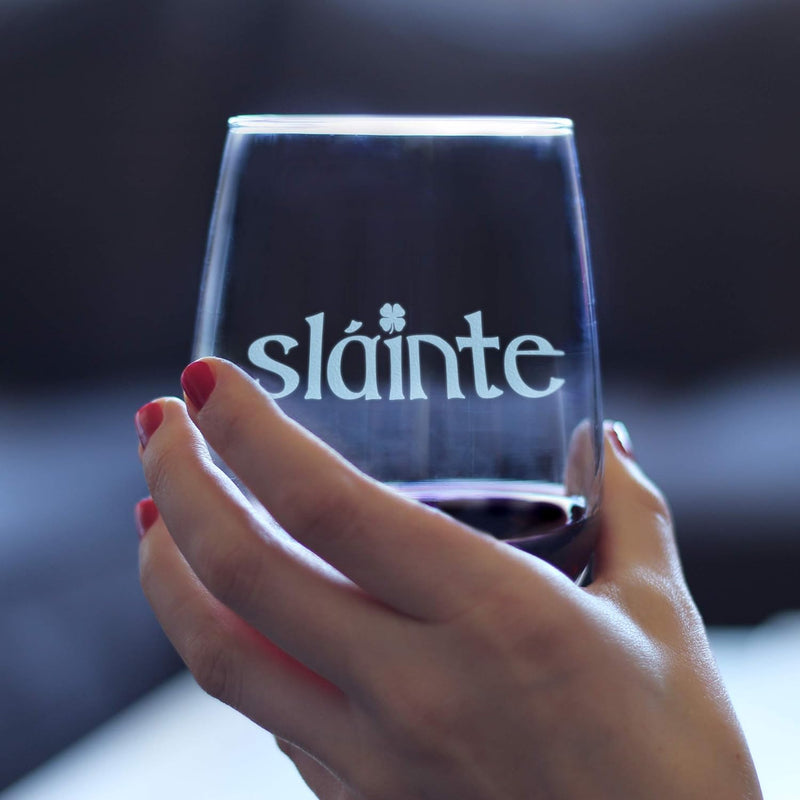 Slainte Irish Cheers - Stemless Wine Glass - Fun Irish Themed Gifts and Decor - Large 17 Ounce
