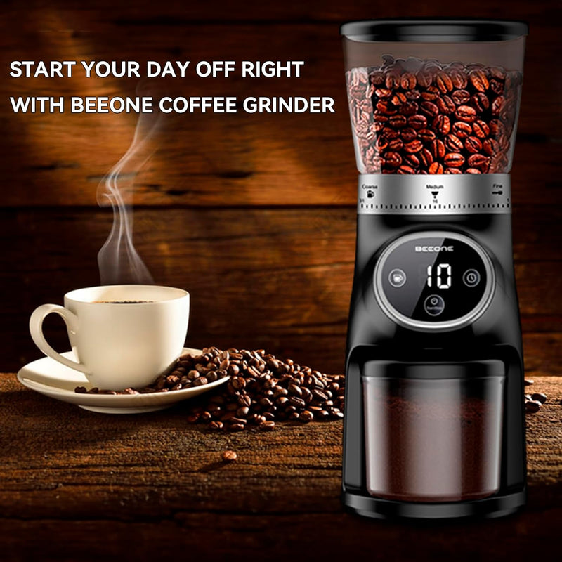 BEEONE Conical Burr Coffee Grinder with Digital Control, Espresso Grinder with 31 Precise Settings for 1-10 Cups, Coffee Grinder Electric with Time Display and Countdown Display, Black