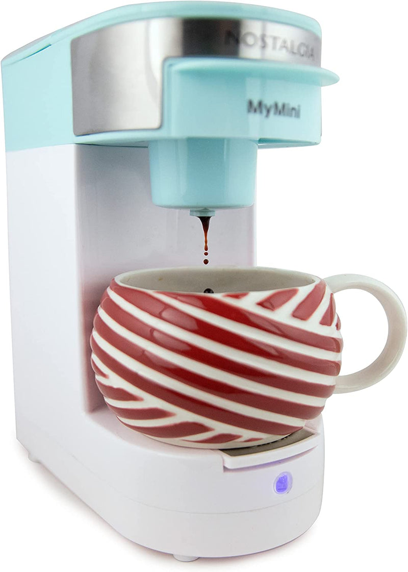 Nostalgia MyMini Single Coffee Maker, Brews K-Cup & Other Pods, Serves up to 14 Ounces, Tea, Chocolate, Hot Cider, Lattes, Reusable Filter Basket Included, Aqua