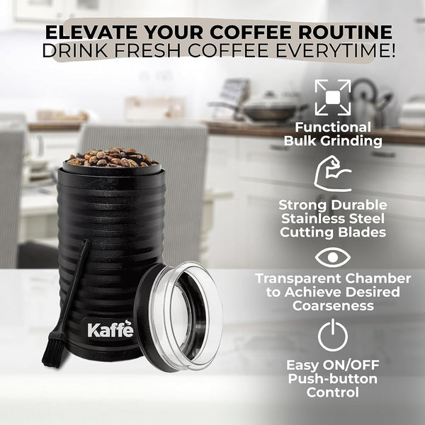 Kaffe Electric Coffee Bean Grinder w/Cleaning Brush - Easy On/Off - Perfect for Espresso, Herbs, Spices, Seeds, Nuts, Grains - 3.5oz / 14 Cup (Modern, Matte Black)