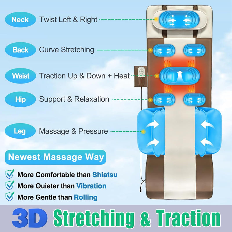 3D Full Body Massage Mat with Back Heating, 4 Modes, 3 Intensities, Foldable - Fits 5'1-6'2