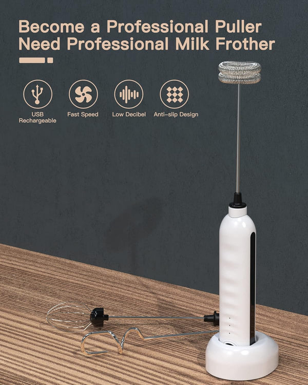 Milk Frother Handheld, USB Rechargeable Milk Foam Maker with 3 Stainless Whisks, Mini Blender Mixer 3 Speeds Adjustable for Coffee, Latte, Cappuccino, Matcha, Hot Chocolate, Egg, White