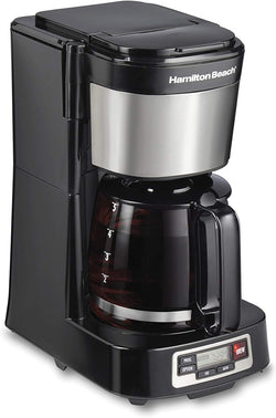 Hamilton Beach 5 Cup Compact Drip Coffee Maker with Programmable Clock, Glass Carafe, Auto Pause and Pour, Black & Stainless Steel (46111)