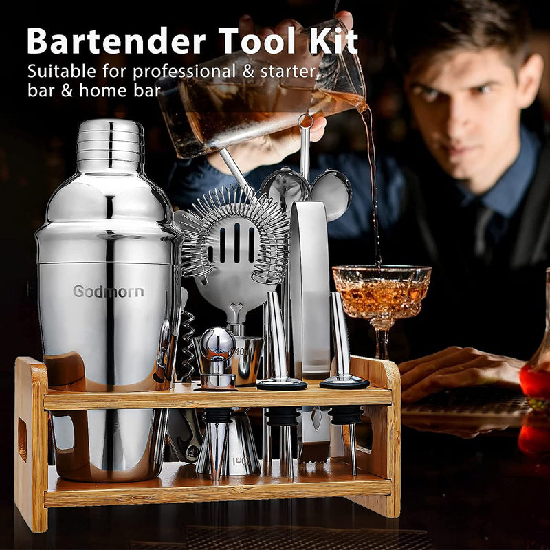 Cocktail Shaker Set Bartender Kit, Godmorn 15Pcs Bartender Shaker Set, 304 Stainless Steel Martini Shaker and Strainer, 550ml /19OZ Bar Tool Set with Bamboo Stand, Recipe Book, for Home and Bar