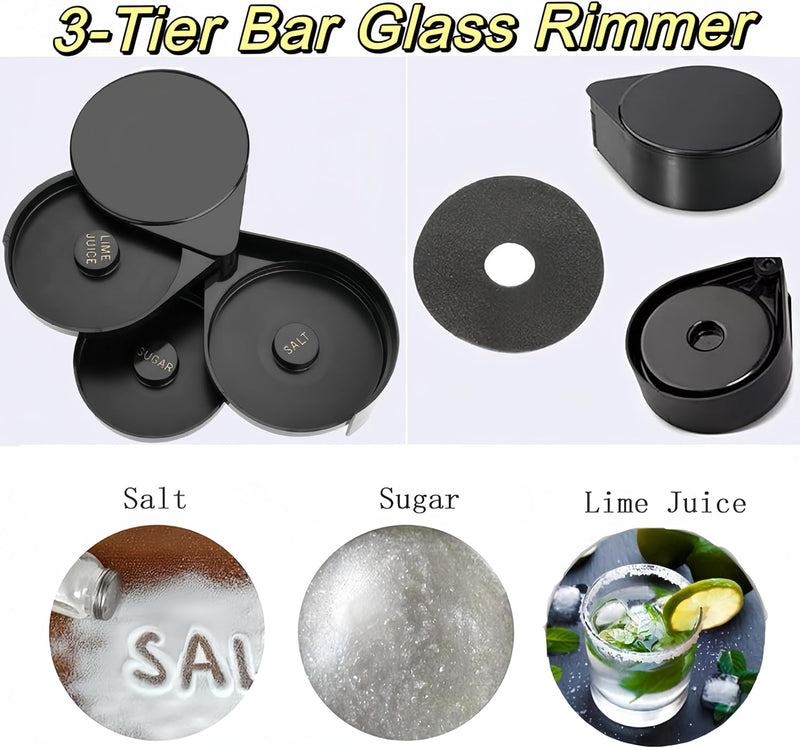 3-Tier Bar Glass Rimmer, Black 3 Tier Bartender Tool Cocktail Accessory Glass Rimmer Rotating Salt Home Practical Bar Lime Juice Sugar