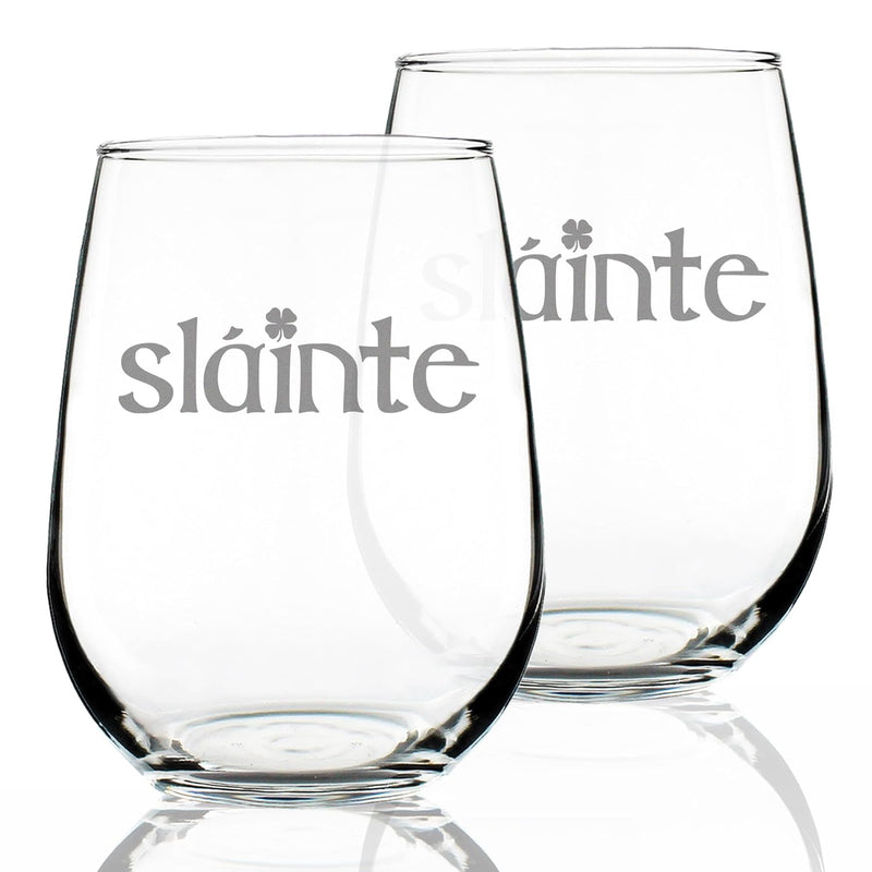 Slainte Irish Cheers - Stemless Wine Glass - Fun Irish Themed Gifts and Decor - Large 17 Ounce