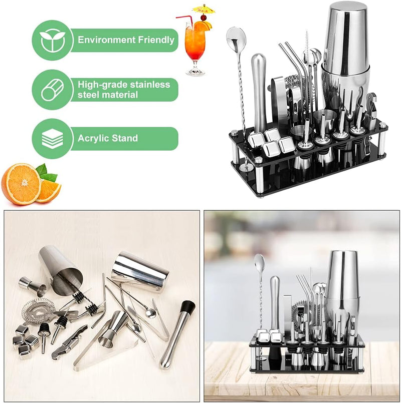 Cocktail Shaker Set, 23-Piece Boston Stainless Steel Bartender Kit with Acrylic Stand & Cocktail Recipes Booklet, Professional Bar Tools for Drink Mixing, Home, Bar, Party (Include 4 Whiskey Stones)