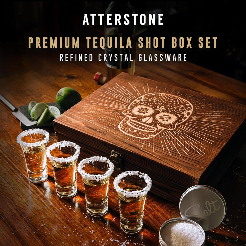 Atterstone Tequila Shot Glass Sugar Skull Wooden Box Set for Men and Women - 4 Premium Shot Glasses, Garnish Knife, Lime Cutting Stone, Salt Tin, Perfect for Themed Parties