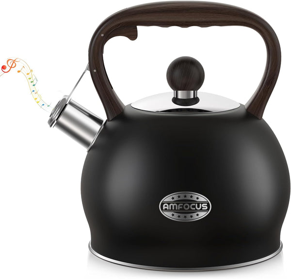 Tea Kettle Whistling Teapot for Stovetop - 2.64 Quart Food Grade Stainless Steel Tea Pot for Stove Top with Wood Pattern Handle, Loud Whistle Kettle for Tea, Coffee, Milk - Black