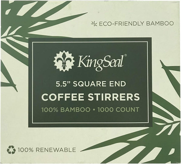 KingSeal Bamboo Coffee Stir Sticks, 5.5 inches, Square End, Stronger and Thicker Than Standard Wood, 100% Renewable and Biodegradable - 1 Box of 1000 Stirrers