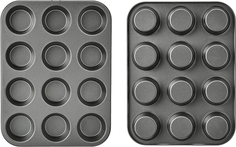 Amazon Basics Nonstick Round Muffin Baking Pan, 12 Cups, Set of 2, Gray, 13.9x10.55x1.22"